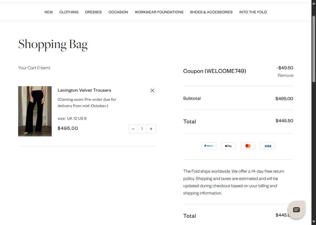 The Fold checkout page showing The Fold coupon code box | Screenshot taken by SimplyCodes community member on Oct 8, 2025