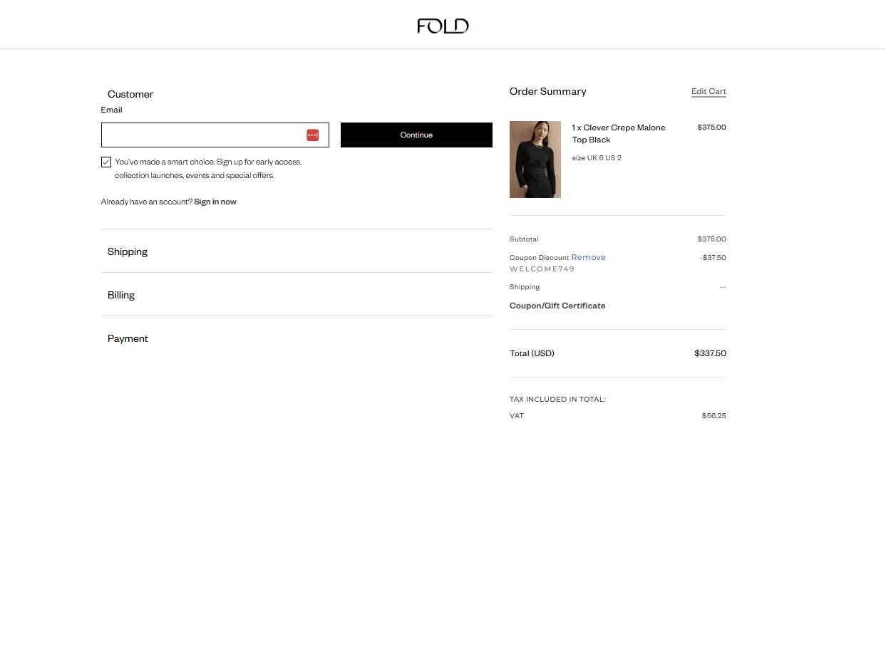 The Fold checkout page showing The Fold coupon code box | Screenshot taken by SimplyCodes community member on Aug 28, 2025