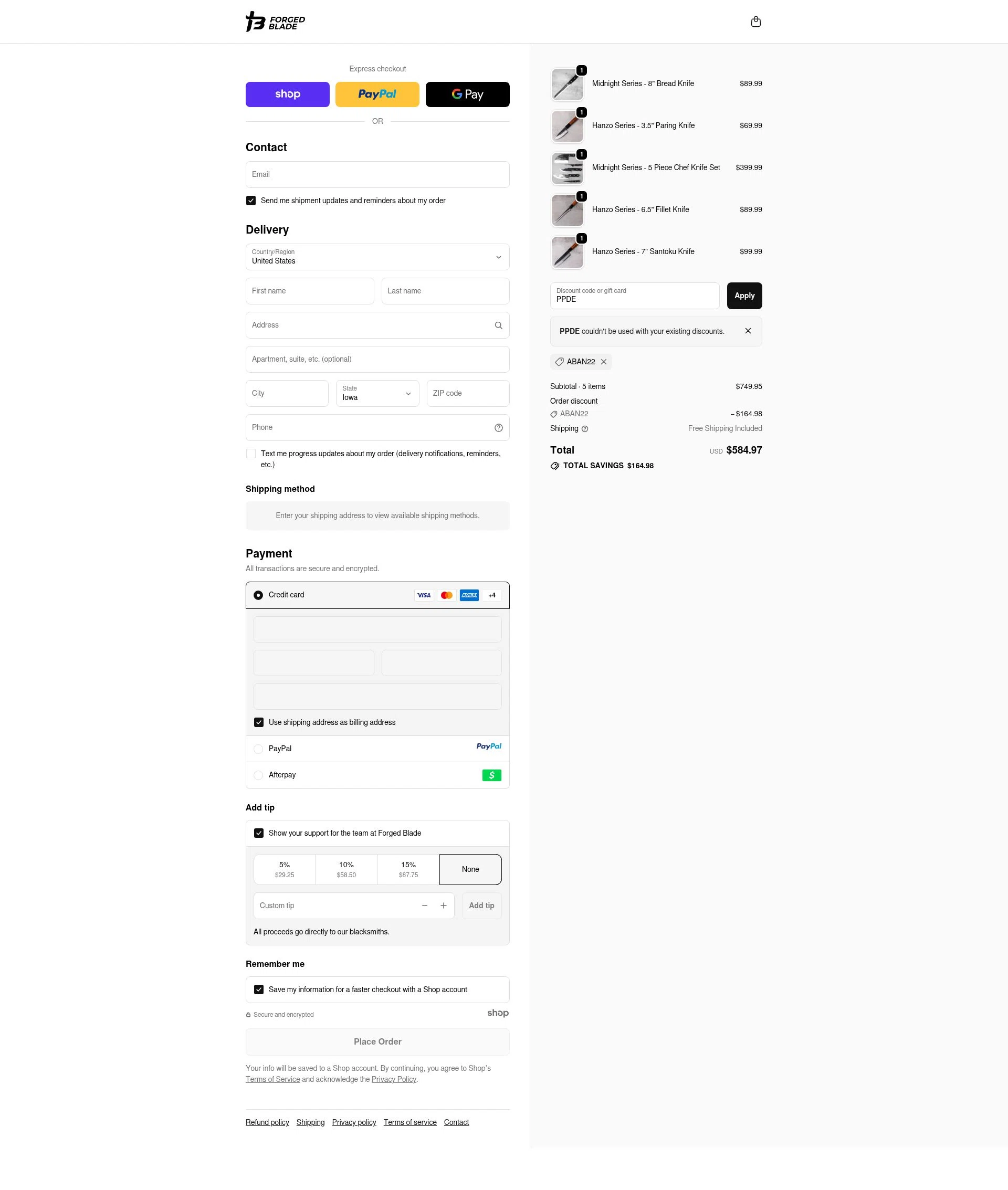 The Forged Blade checkout page showing The Forged Blade discount code box | Screenshot taken by SimplyCodes community member on Oct 25, 2025