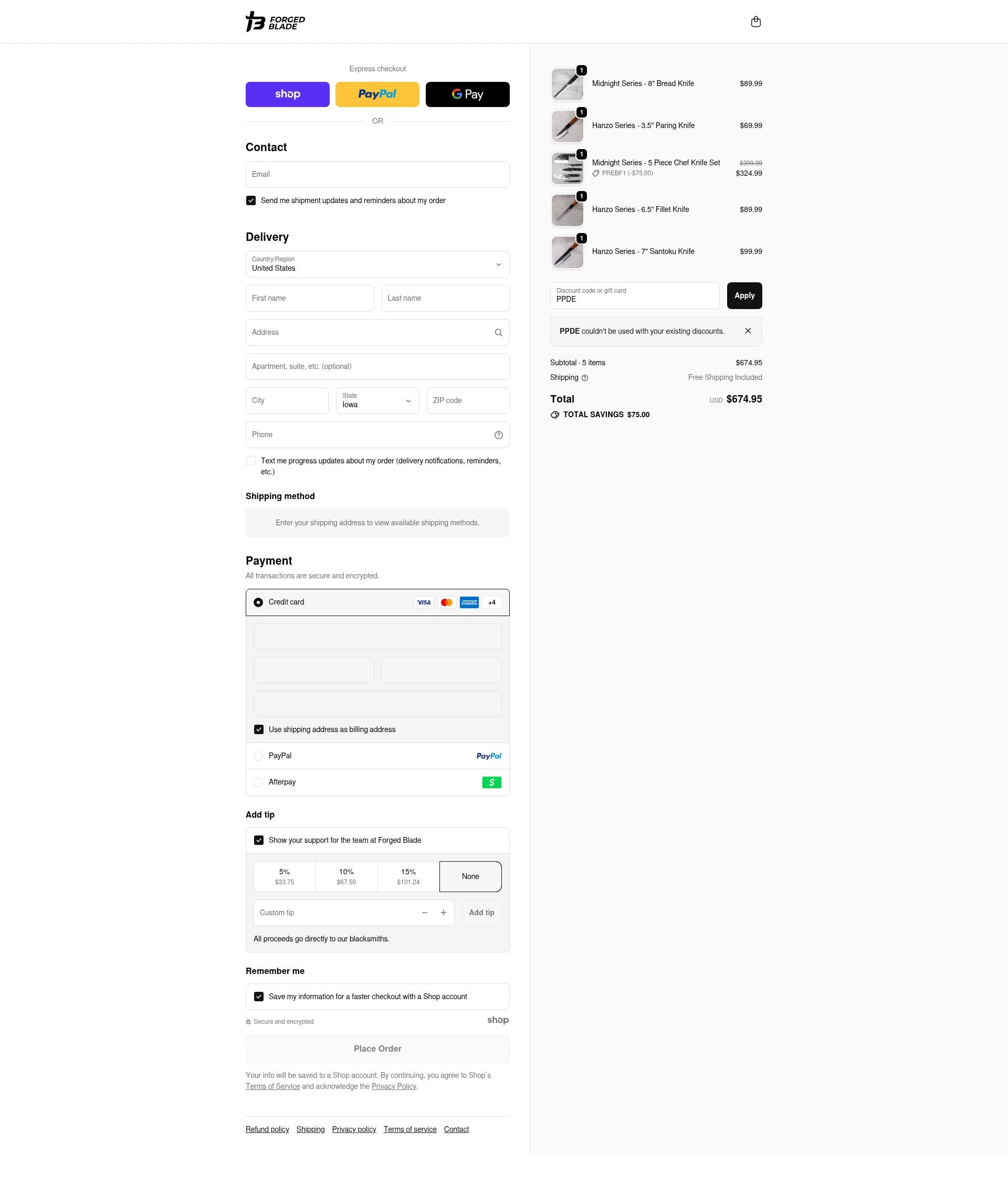The Forged Blade checkout page showing The Forged Blade discount code box | Screenshot taken by SimplyCodes community member on Nov 12, 2025