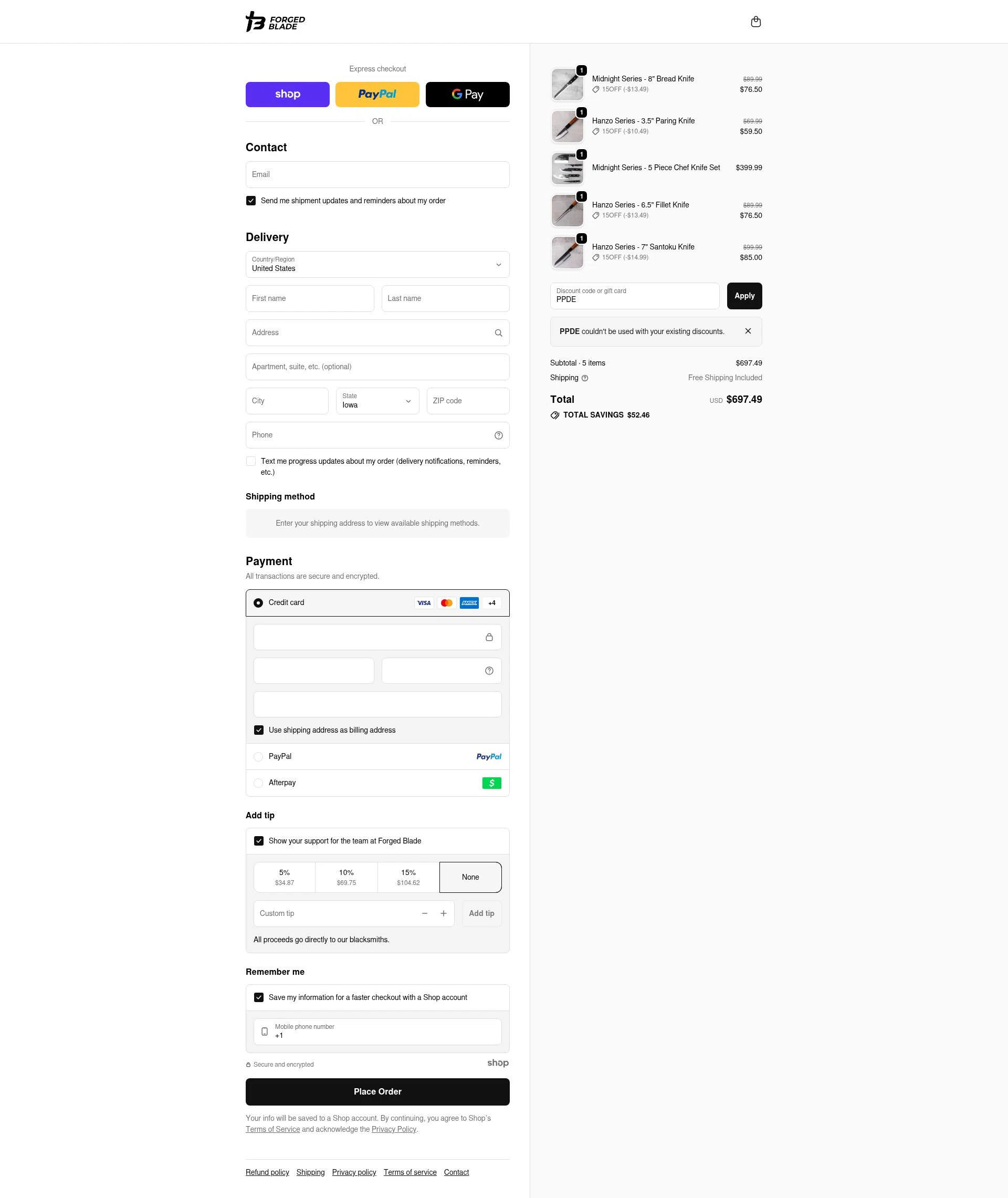 The Forged Blade checkout page showing The Forged Blade discount code box | Screenshot taken by SimplyCodes community member on Nov 23, 2025