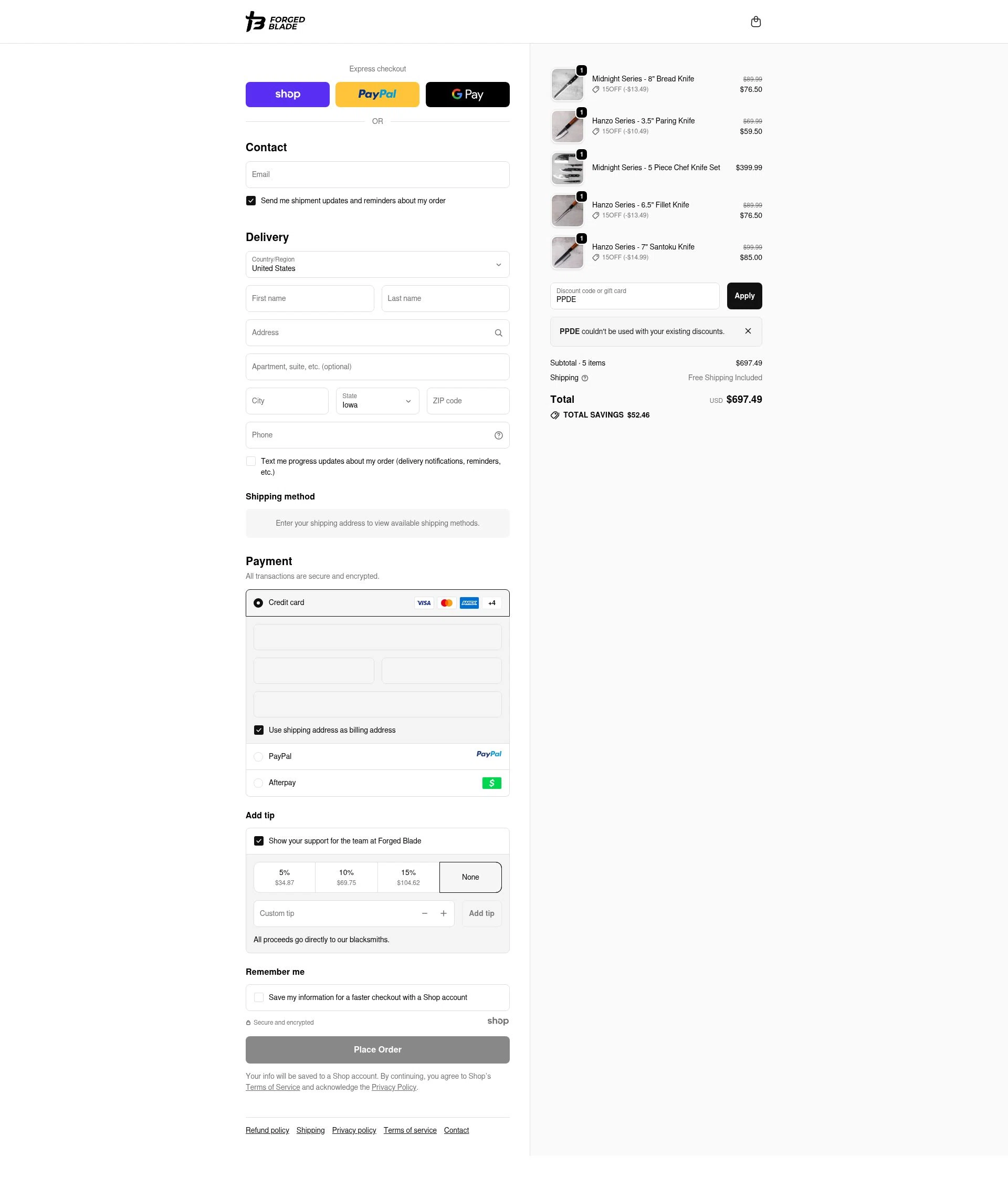 The Forged Blade checkout page showing The Forged Blade discount code box | Screenshot taken by SimplyCodes community member on Oct 30, 2025