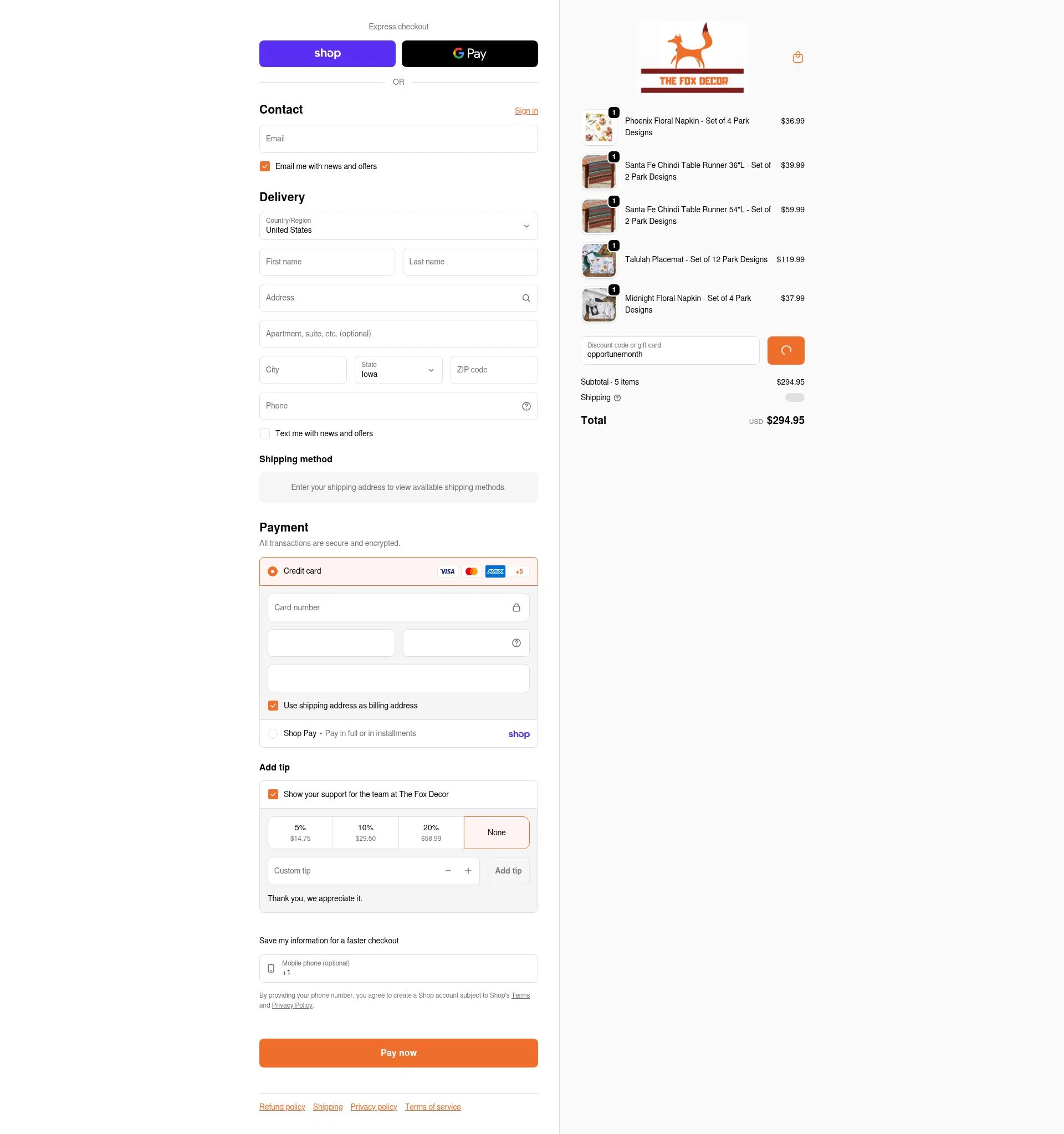 The Fox Decor checkout page showing The Fox Decor promo code box | Screenshot taken by SimplyCodes community member on Feb 7, 2026