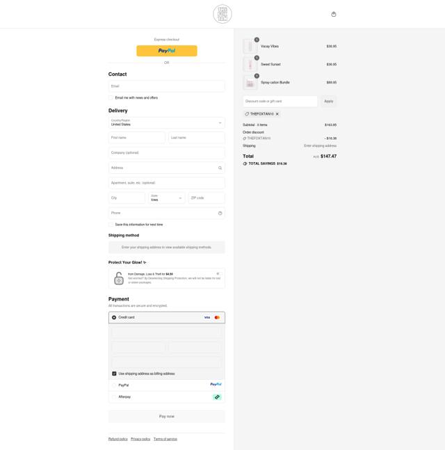 The Fox Tan checkout page showing The Fox Tan discount code box | Screenshot taken by SimplyCodes community member on Sep 12, 2025