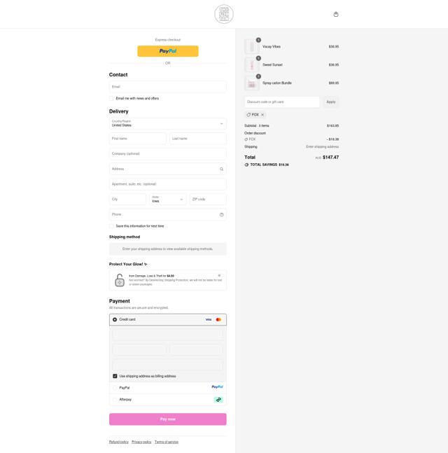 The Fox Tan checkout page showing The Fox Tan discount code box | Screenshot taken by SimplyCodes community member on Sep 12, 2025