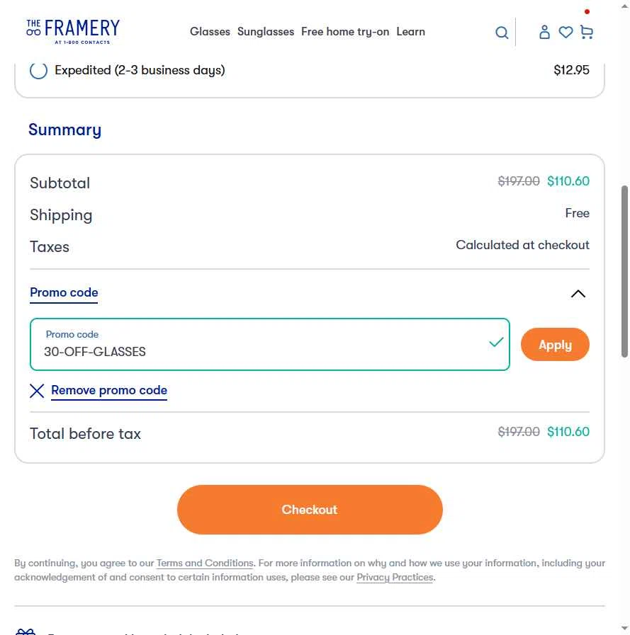 The Framery checkout page showing The Framery promo code box | Screenshot taken by SimplyCodes community member on Jan 20, 2026