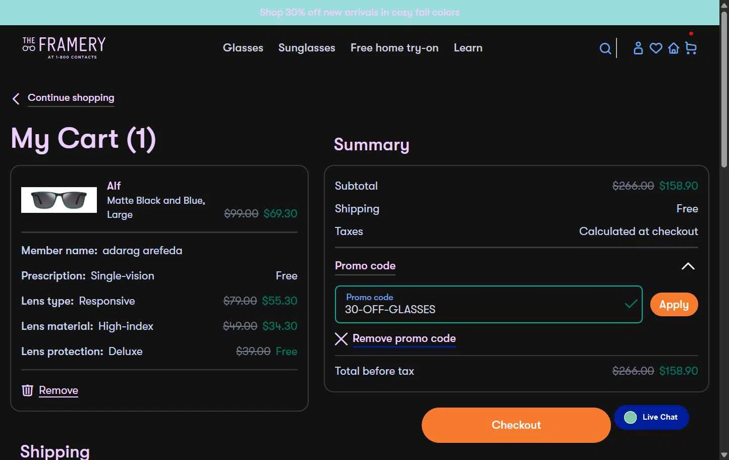 The Framery checkout page showing The Framery promo code box | Screenshot taken by SimplyCodes community member on Nov 23, 2025