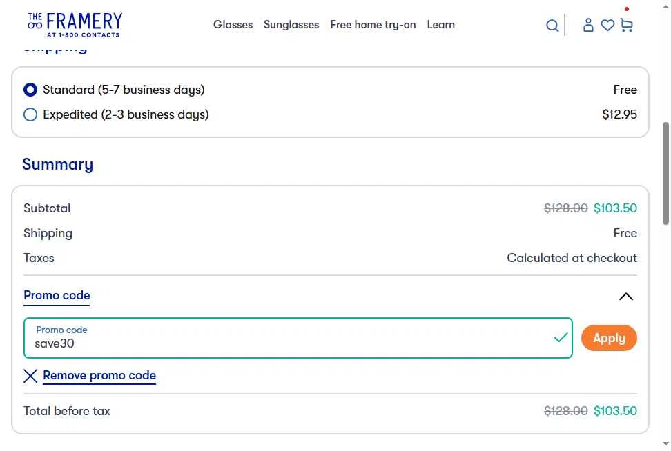 The Framery checkout page showing The Framery promo code box | Screenshot taken by SimplyCodes community member on Feb 1, 2026