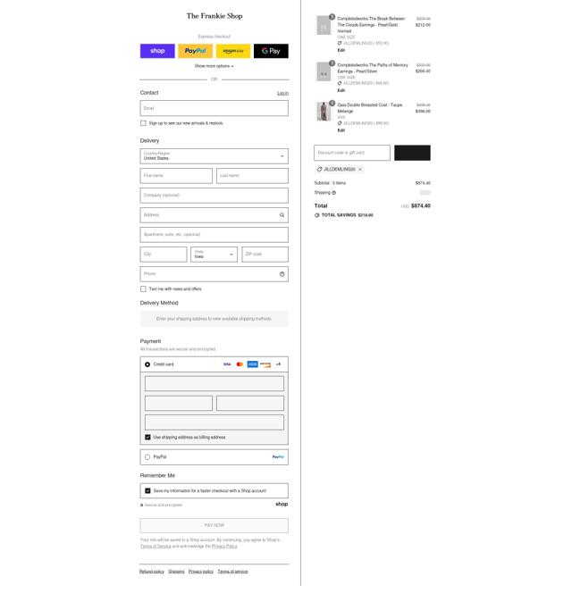The Frankie Shop checkout page showing The Frankie Shop discount code box | Screenshot taken by SimplyCodes community member on Sep 8, 2025