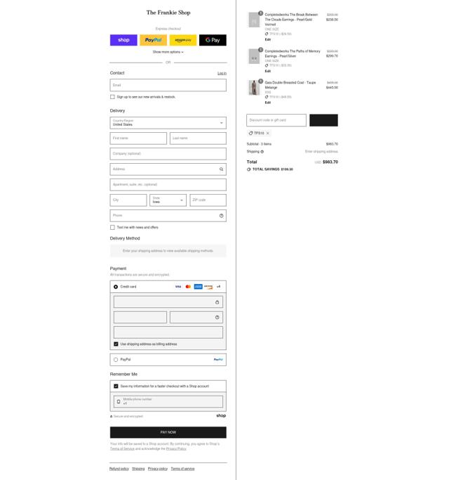The Frankie Shop checkout page showing The Frankie Shop discount code box | Screenshot taken by SimplyCodes community member on Sep 8, 2025