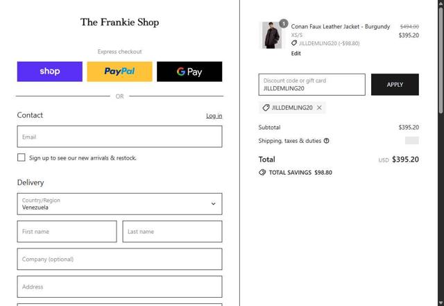 The Frankie Shop checkout page showing The Frankie Shop discount code box | Screenshot taken by SimplyCodes community member on Sep 6, 2025