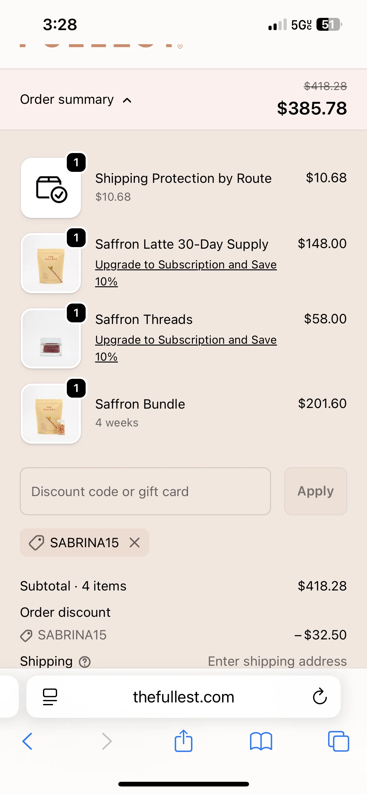 THE FULLEST discount code screenshot showing code SABRINA15 applied at THE FULLEST checkout page. Uploaded by SimplyCodes community member WonderLion4832 on Nov 18, 2025