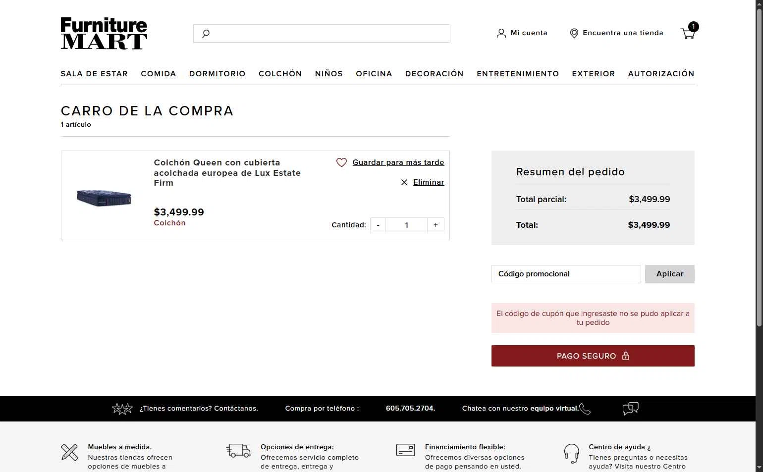 The Furniture Mart checkout page showing The Furniture Mart promo code box | Screenshot taken by SimplyCodes community member on Jan 13, 2026