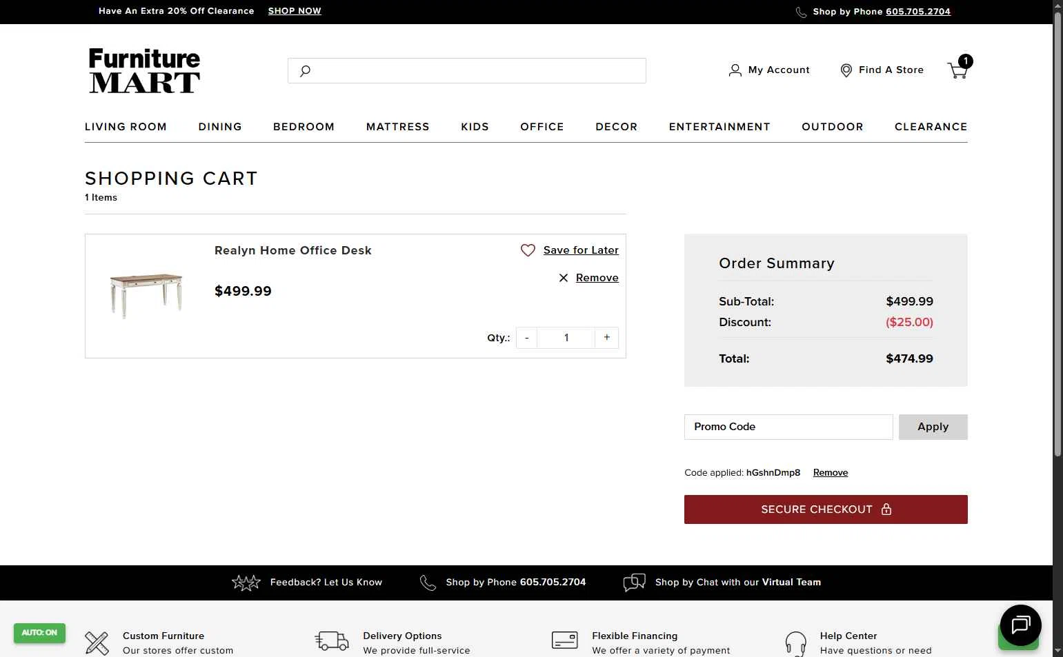 The Furniture Mart checkout page showing The Furniture Mart promo code box | Screenshot taken by SimplyCodes community member on Dec 17, 2025