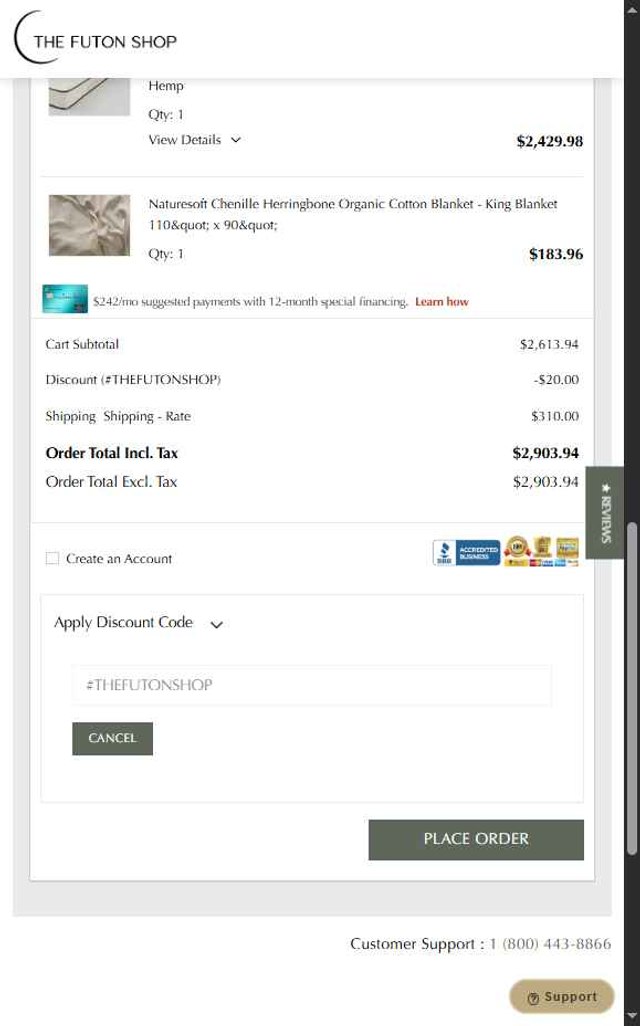 The Futon Shop checkout page showing The Futon Shop discount code box | Screenshot taken by SimplyCodes community member on Aug 5, 2025