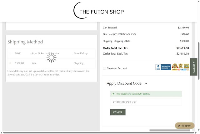 The Futon Shop checkout page showing The Futon Shop discount code box | Screenshot taken by SimplyCodes community member on Aug 20, 2025