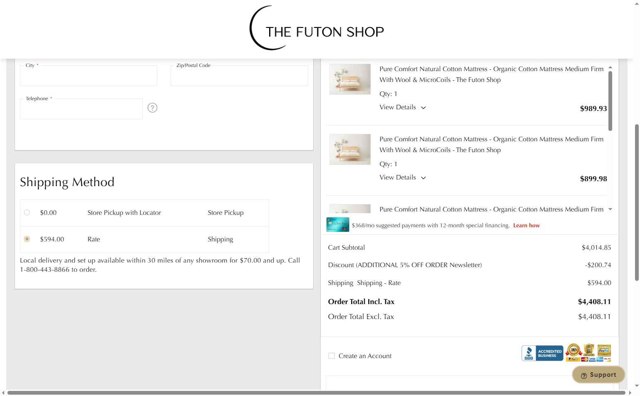 The Futon Shop checkout page showing The Futon Shop discount code box | Screenshot taken by SimplyCodes community member on Aug 5, 2025