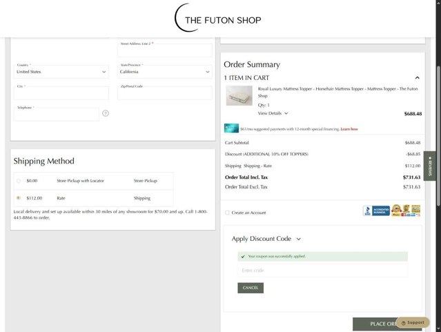 The Futon Shop checkout page showing The Futon Shop discount code box | Screenshot taken by SimplyCodes community member on Sep 1, 2025