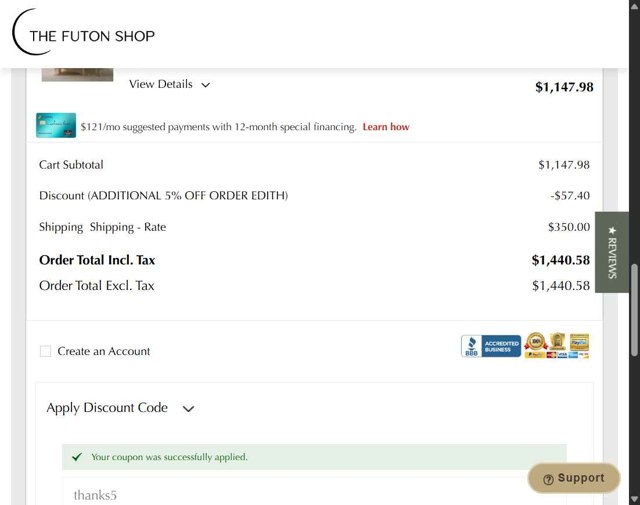 The Futon Shop checkout page showing The Futon Shop discount code box | Screenshot taken by SimplyCodes community member on Aug 16, 2025