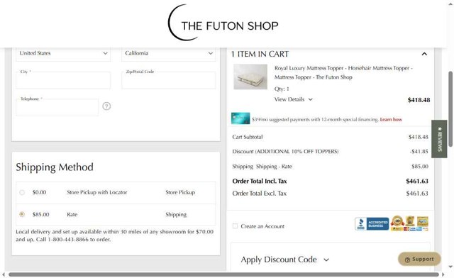 The Futon Shop checkout page showing The Futon Shop discount code box | Screenshot taken by SimplyCodes community member on Aug 20, 2025
