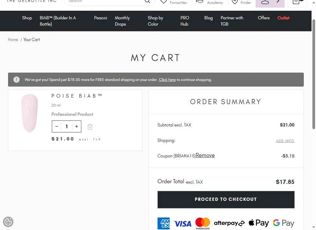 The Gel Bottle US checkout page showing The Gel Bottle US coupon code box | Screenshot taken by SimplyCodes community member on Jan 31, 2026