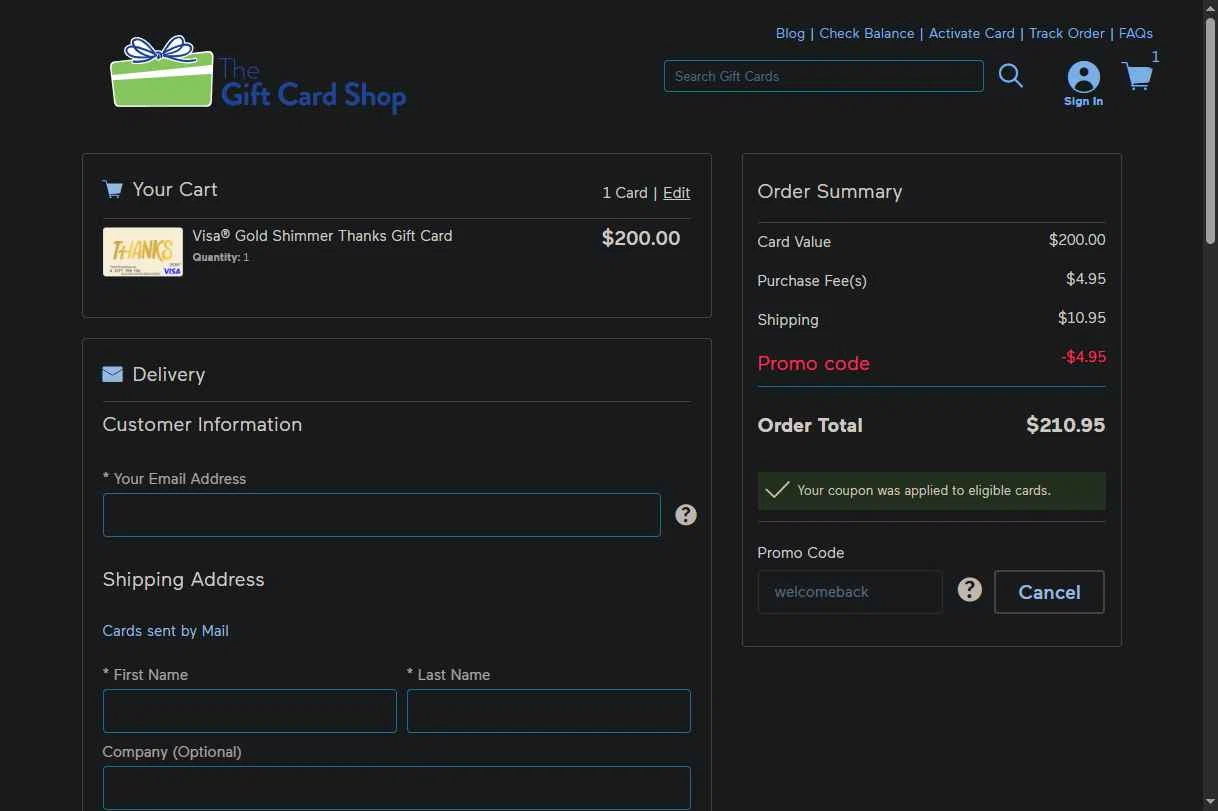 The Gift Card Shop checkout page showing The Gift Card Shop promo code box | Screenshot taken by SimplyCodes community member on Jan 17, 2026