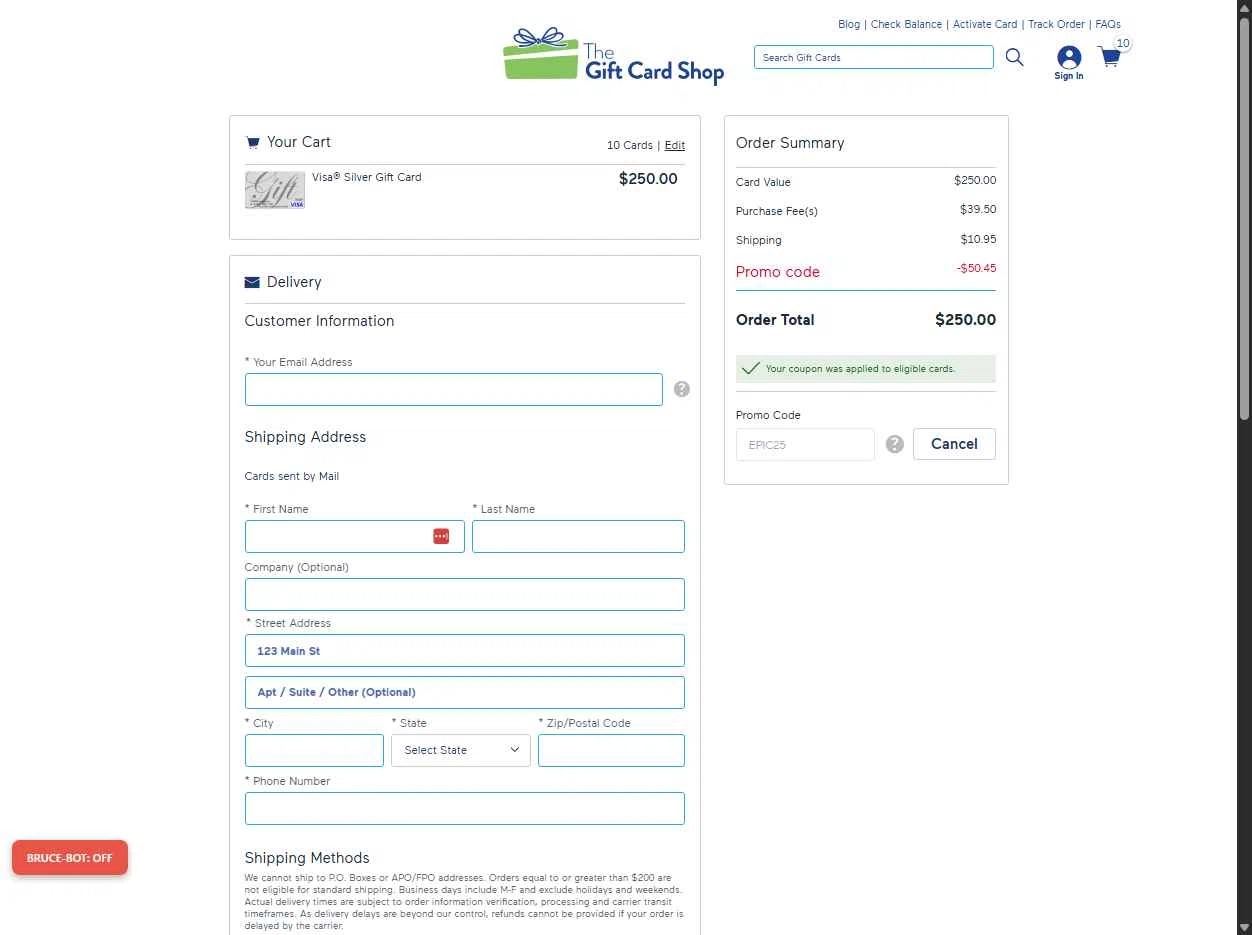 The Gift Card Shop checkout page showing The Gift Card Shop promo code box | Screenshot taken by SimplyCodes community member on Dec 12, 2025