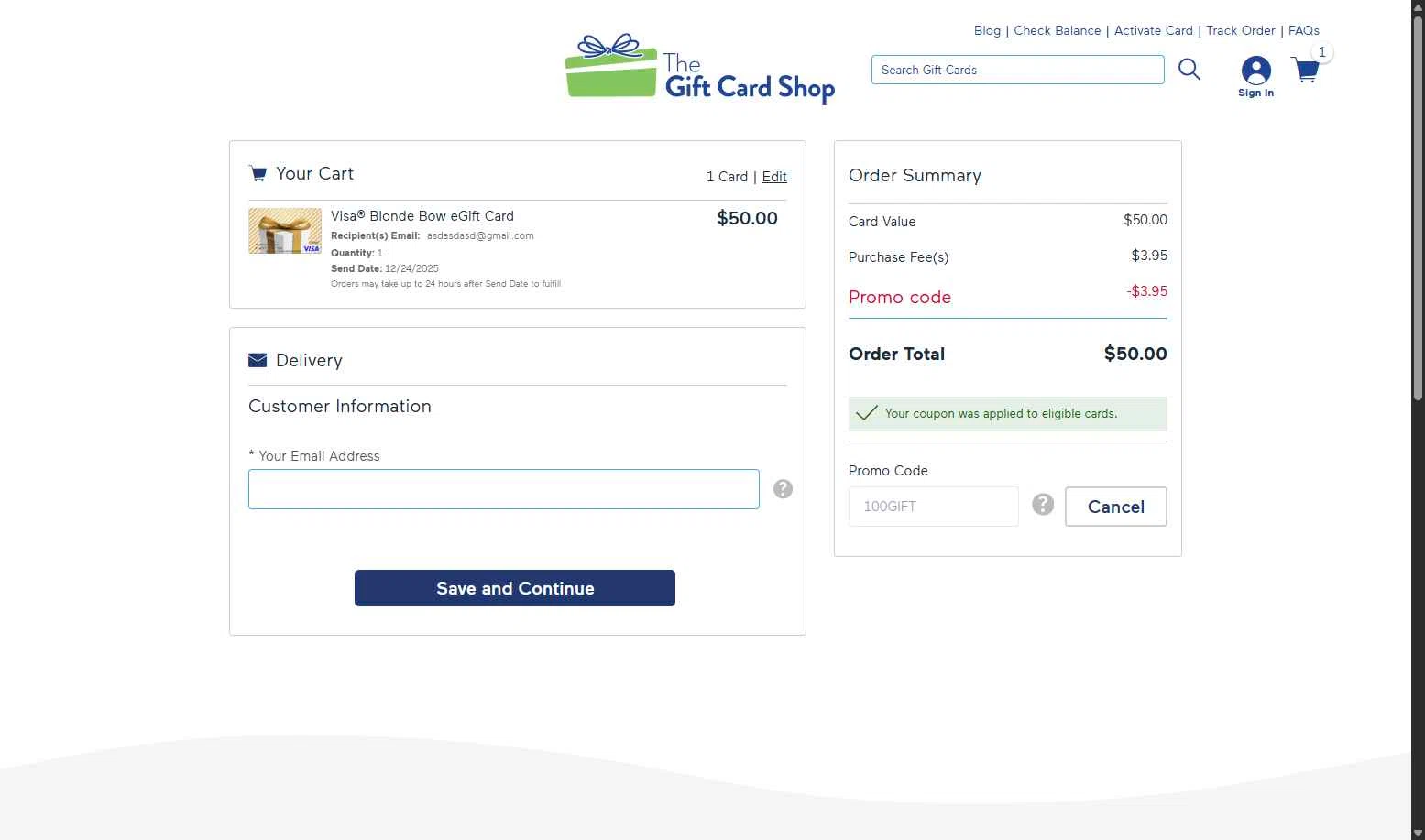 The Gift Card Shop checkout page showing The Gift Card Shop promo code box | Screenshot taken by SimplyCodes community member on Dec 22, 2025
