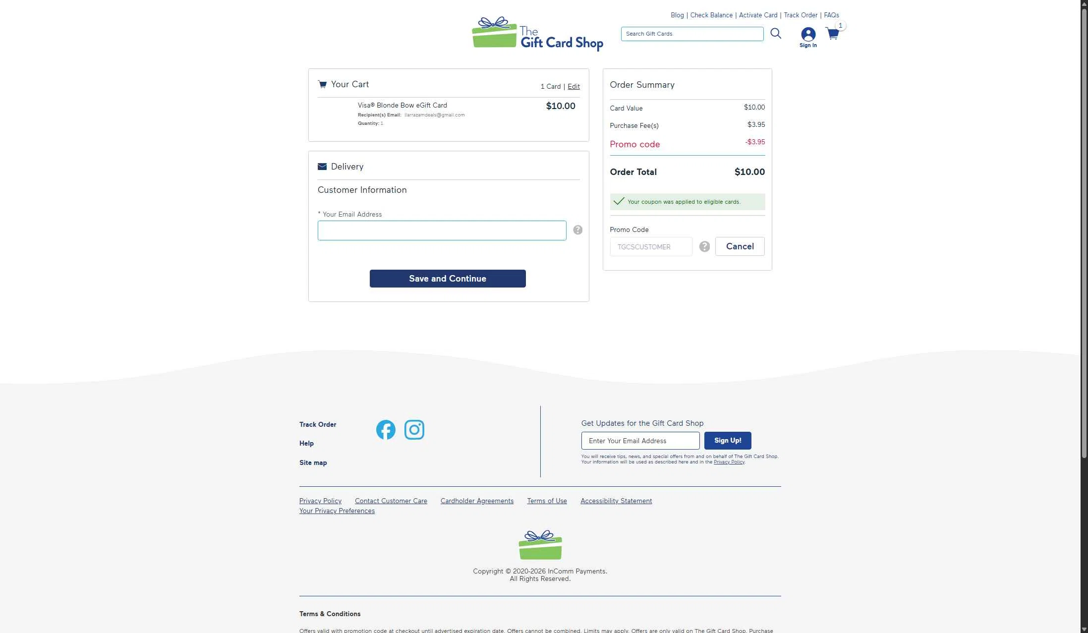 The Gift Card Shop checkout page showing The Gift Card Shop promo code box | Screenshot taken by SimplyCodes community member on Jan 20, 2026