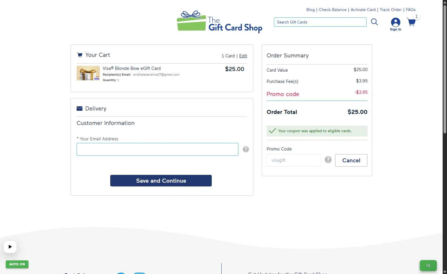 The Gift Card Shop checkout page showing The Gift Card Shop promo code box | Screenshot taken by SimplyCodes community member on Jan 20, 2026