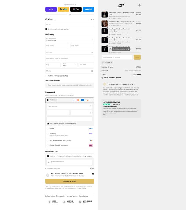 The GLD Shop checkout page showing The GLD Shop promo code box | Screenshot taken by SimplyCodes community member on Sep 4, 2025