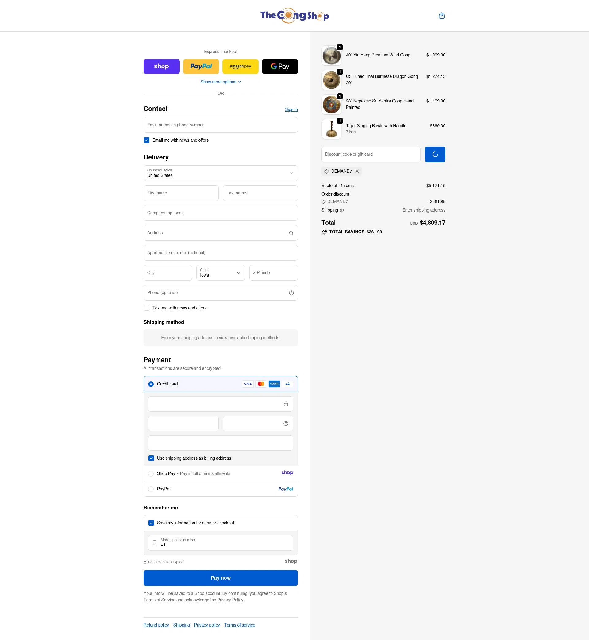 The Gong Shop checkout page showing The Gong Shop discount code box | Screenshot taken by SimplyCodes community member on Jan 4, 2026