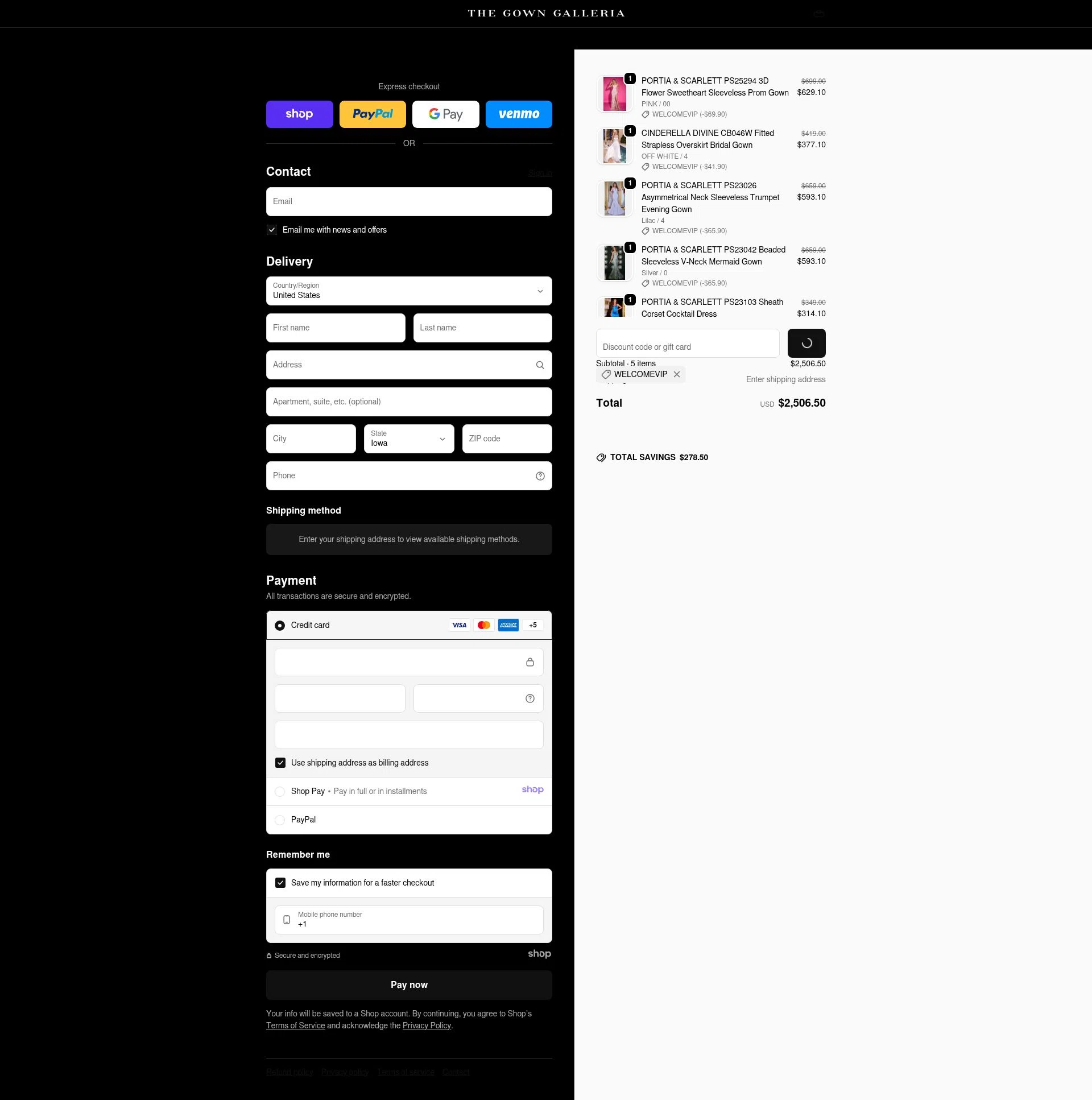 The Gown Galleria checkout page showing The Gown Galleria promo code box | Screenshot taken by SimplyCodes community member on Dec 23, 2025