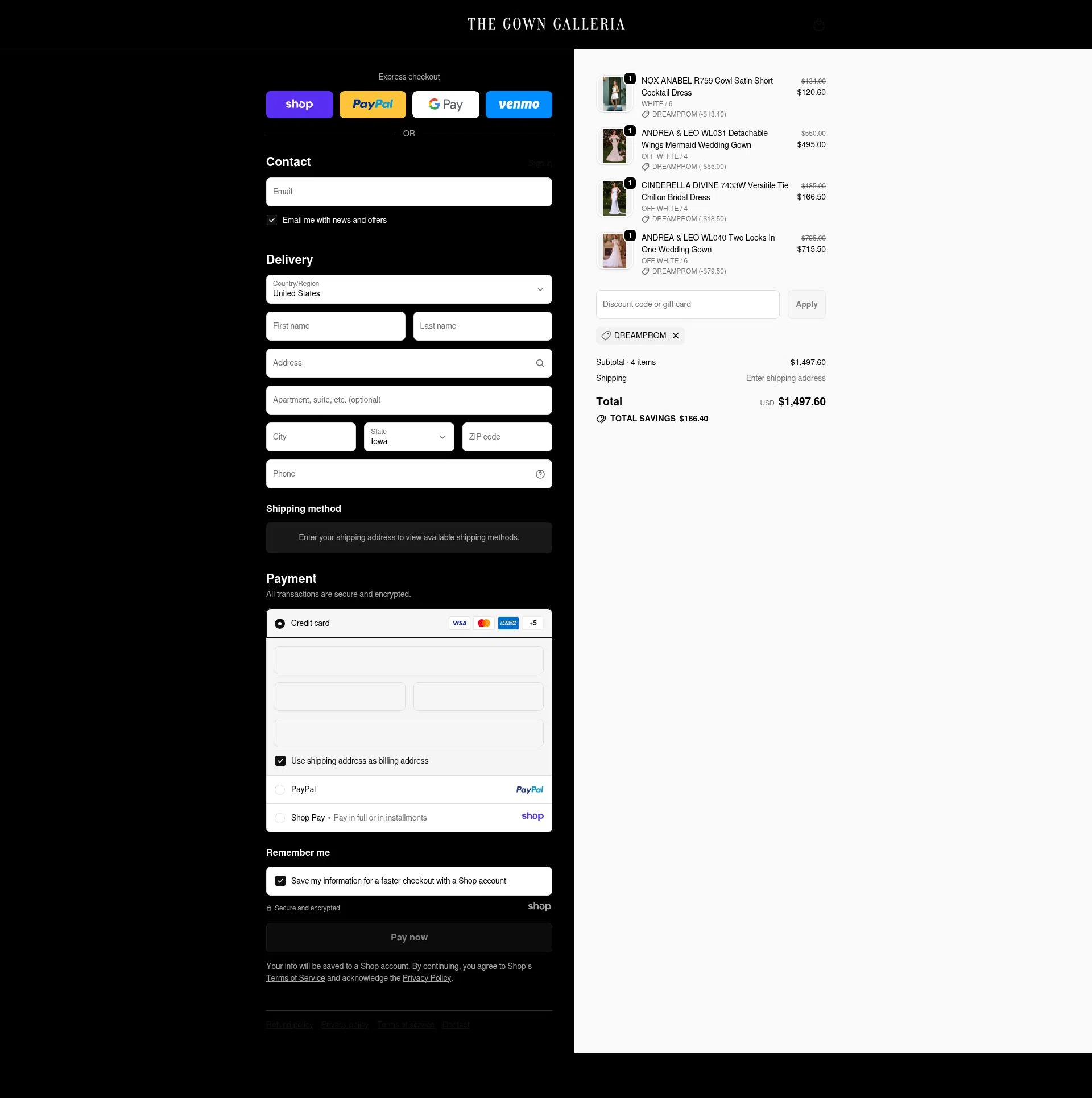The Gown Galleria checkout page showing The Gown Galleria promo code box | Screenshot taken by SimplyCodes community member on Nov 29, 2025