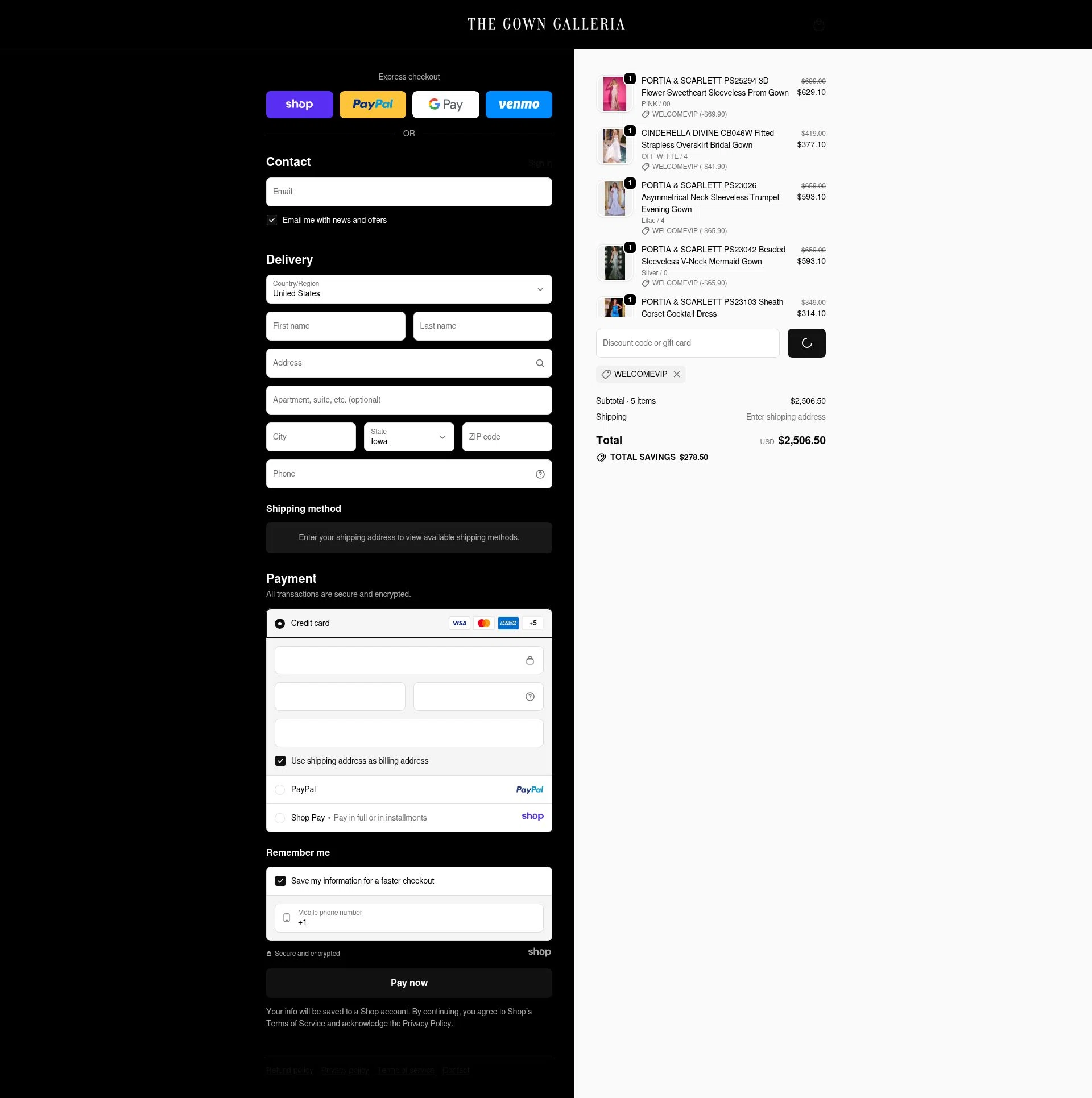 The Gown Galleria checkout page showing The Gown Galleria promo code box | Screenshot taken by SimplyCodes community member on Dec 16, 2025