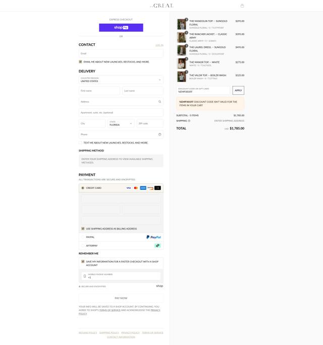 The Great. checkout page showing The Great. promo code box | Screenshot taken by SimplyCodes community member on Jul 1, 2025