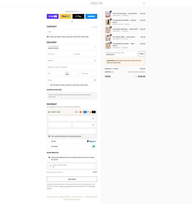 The Great. checkout page showing The Great. promo code box | Screenshot taken by SimplyCodes community member on Jul 22, 2025