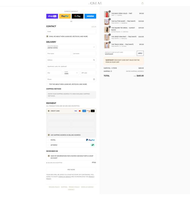 The Great. checkout page showing The Great. promo code box | Screenshot taken by SimplyCodes community member on Jul 26, 2025