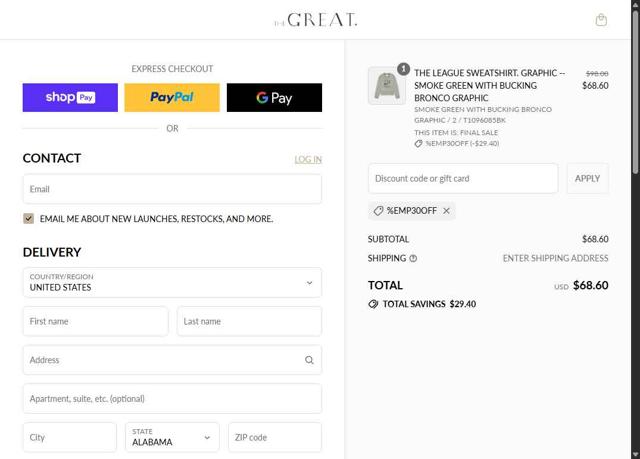 The Great. checkout page showing The Great. promo code box | Screenshot taken by SimplyCodes community member on Jul 2, 2025