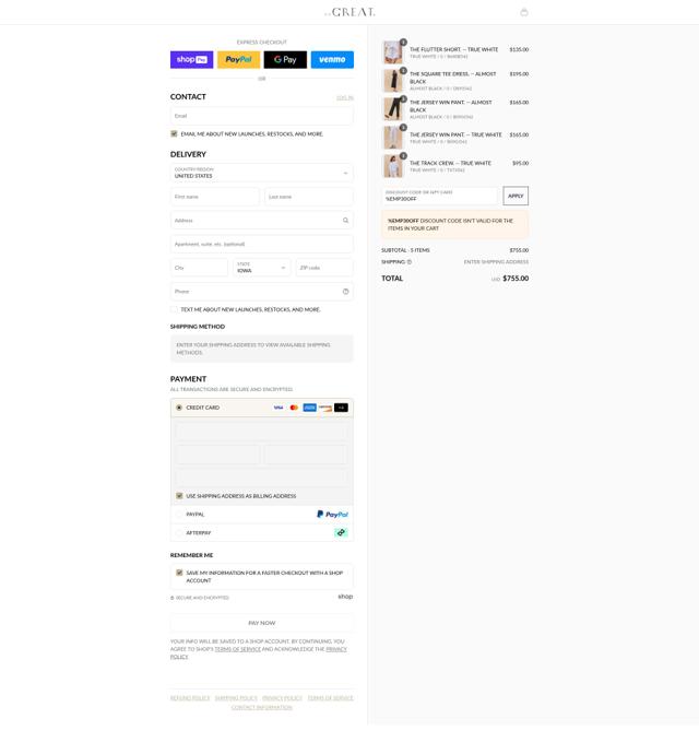 The Great. checkout page showing The Great. promo code box | Screenshot taken by SimplyCodes community member on Jul 13, 2025