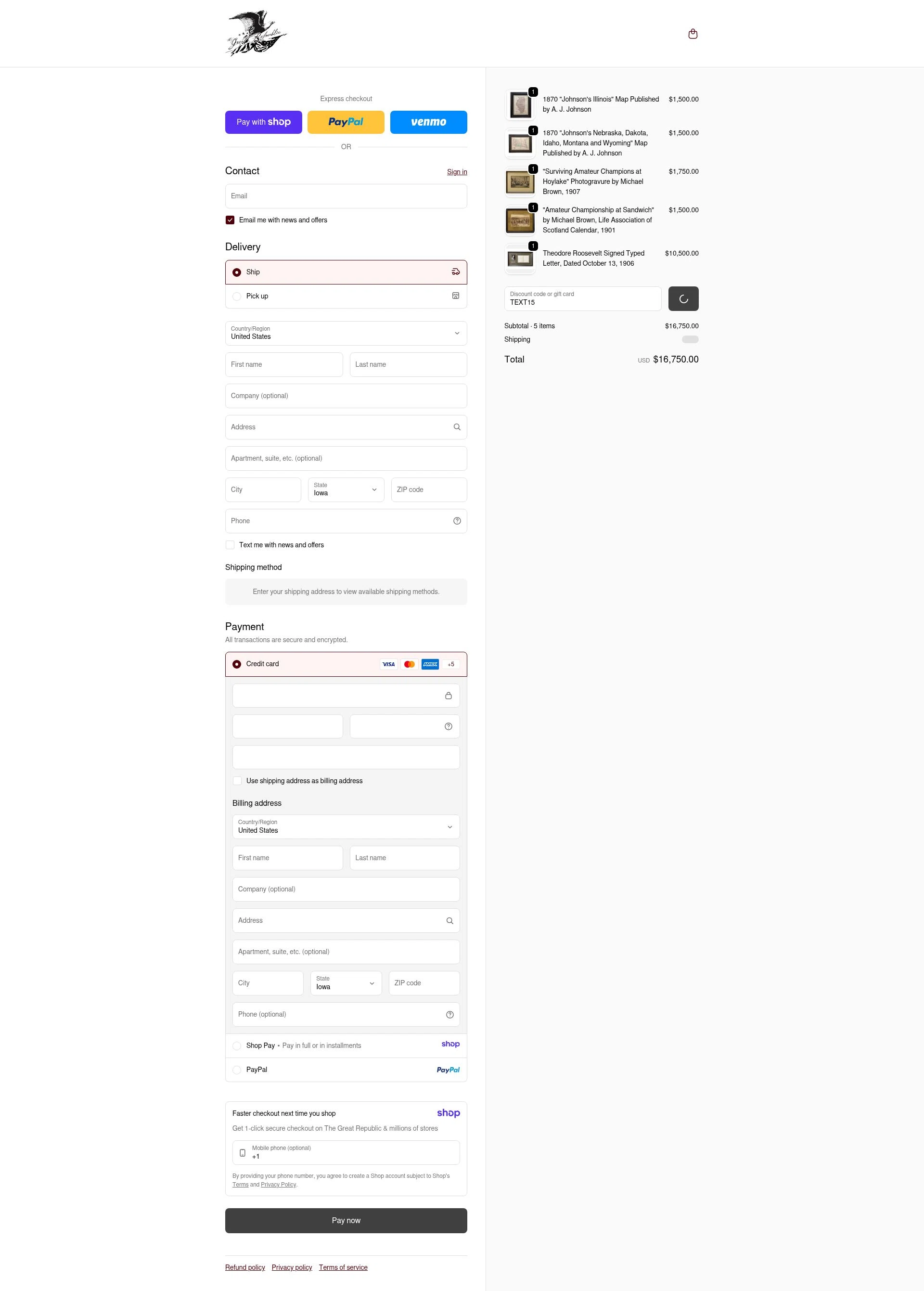 The Great Republic checkout page showing The Great Republic promo code box | Screenshot taken by SimplyCodes community member on Jan 12, 2026