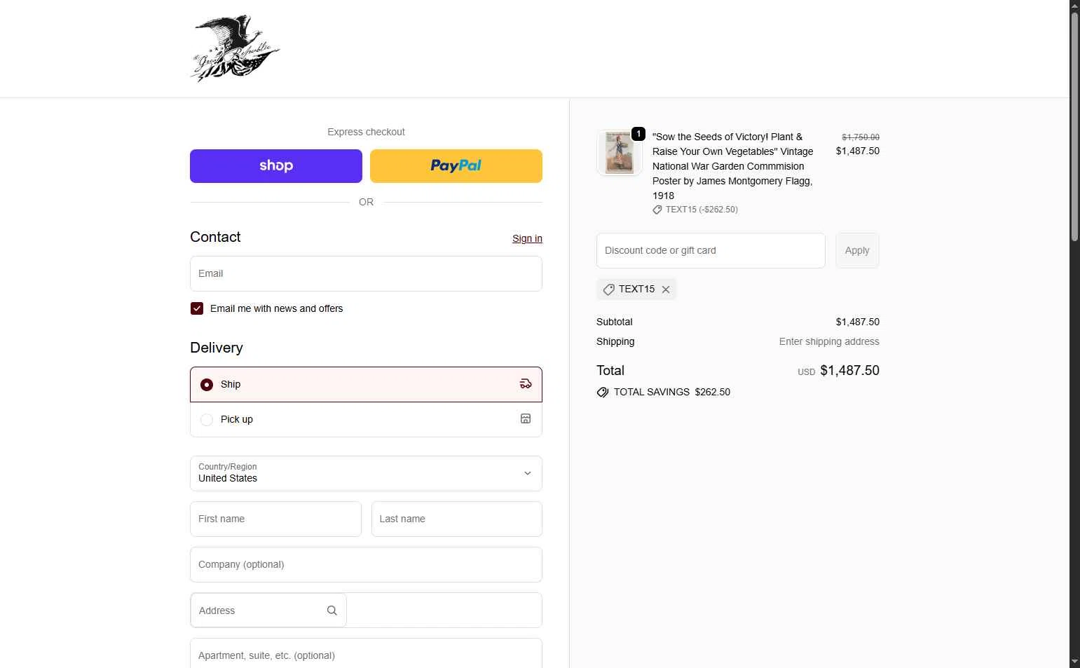 The Great Republic checkout page showing The Great Republic promo code box | Screenshot taken by SimplyCodes community member on Feb 13, 2026