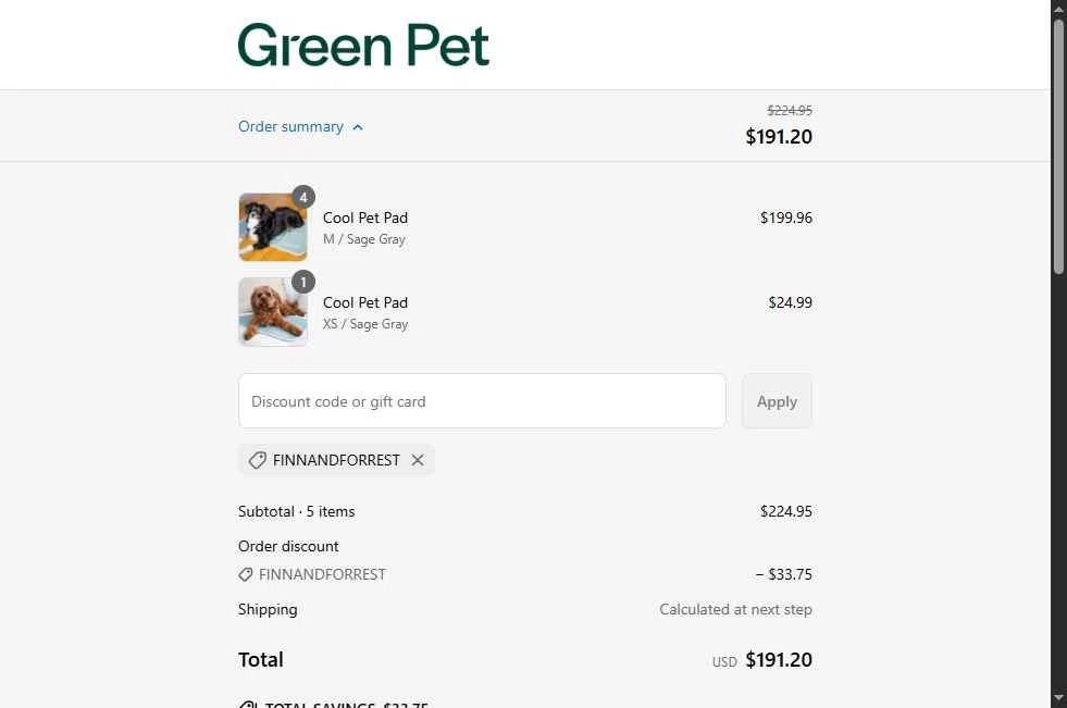 The Green Pet Shop checkout page showing The Green Pet Shop discount code box | Screenshot taken by SimplyCodes community member on May 20, 2025