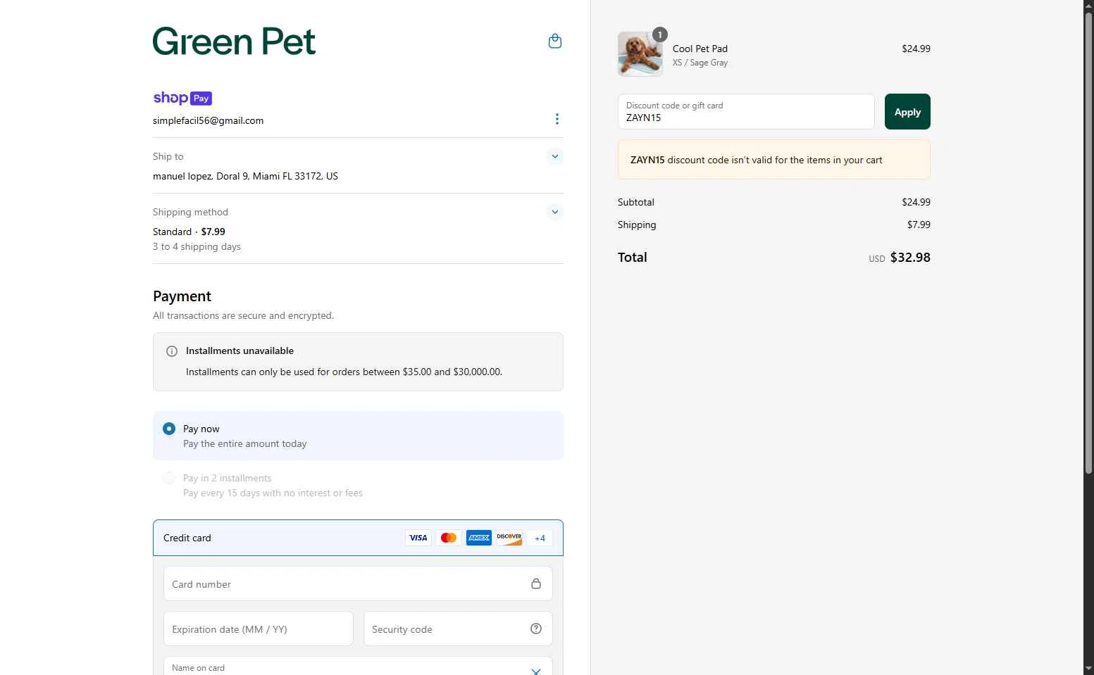The Green Pet Shop checkout page showing The Green Pet Shop discount code box | Screenshot taken by SimplyCodes community member on May 20, 2025
