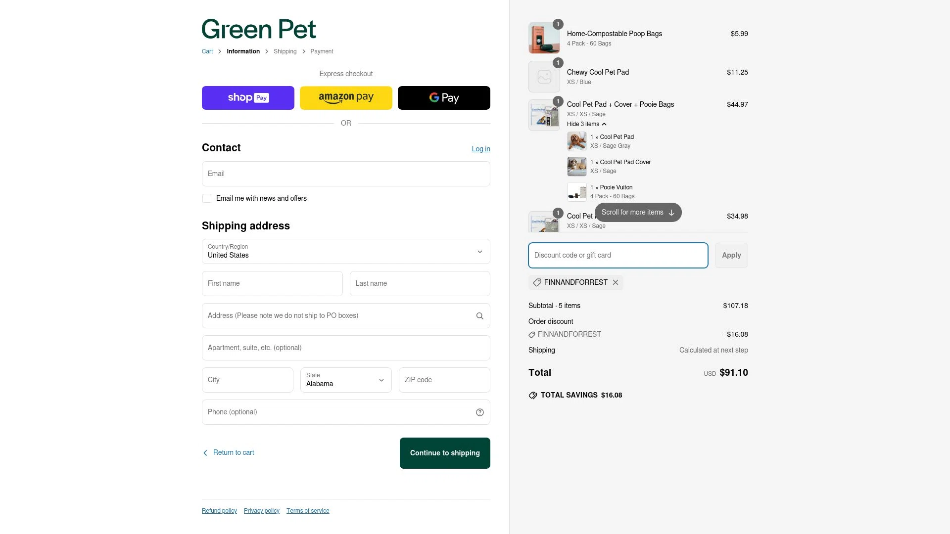 The Green Pet Shop checkout page showing The Green Pet Shop discount code box | Screenshot taken by SimplyCodes community member on May 12, 2025