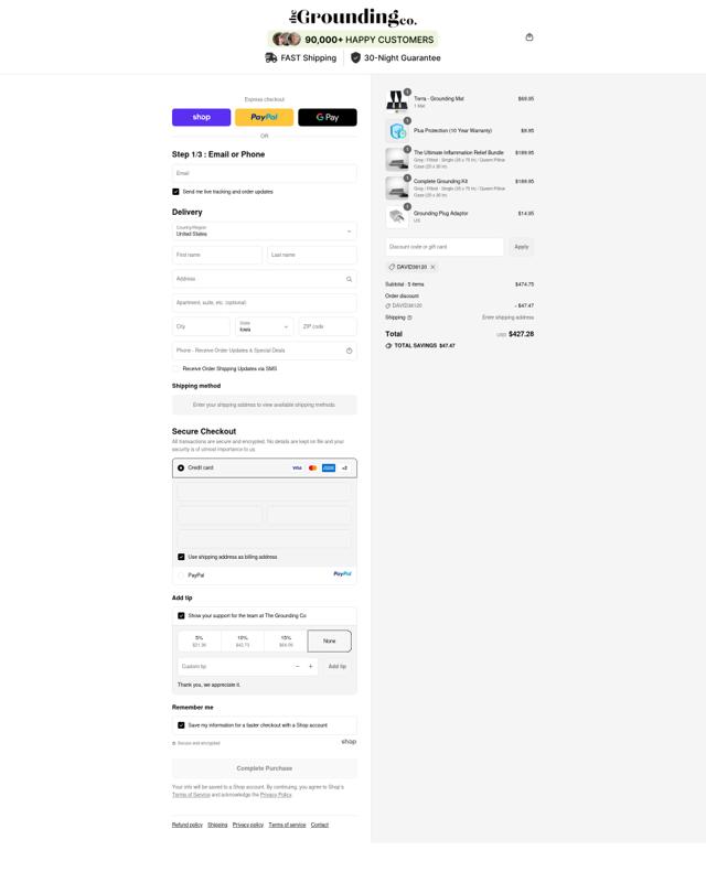 The Grounding Co. checkout page showing The Grounding Co. discount code box | Screenshot taken by SimplyCodes community member on Sep 13, 2025