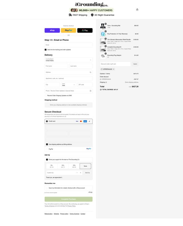 The Grounding Co. checkout page showing The Grounding Co. discount code box | Screenshot taken by SimplyCodes community member on Sep 13, 2025