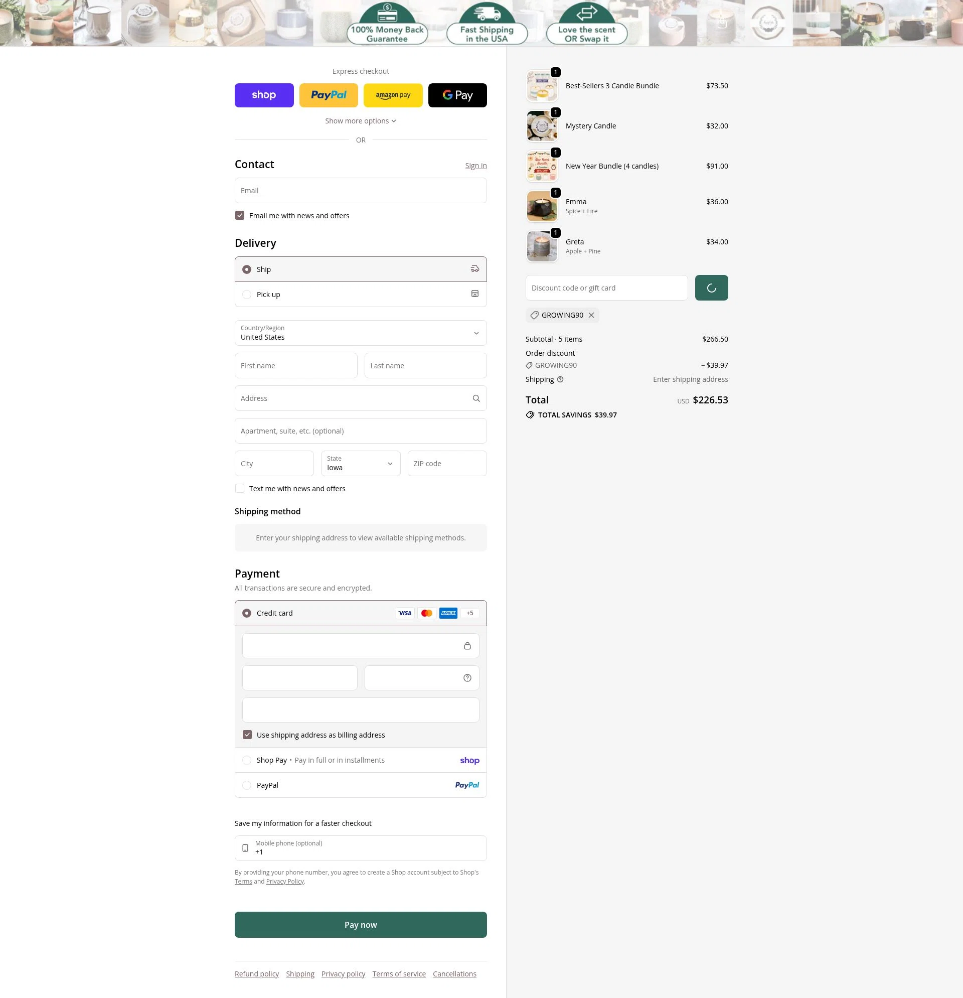 The Growing Candle checkout page showing The Growing Candle discount code box | Screenshot taken by SimplyCodes community member on Feb 4, 2026