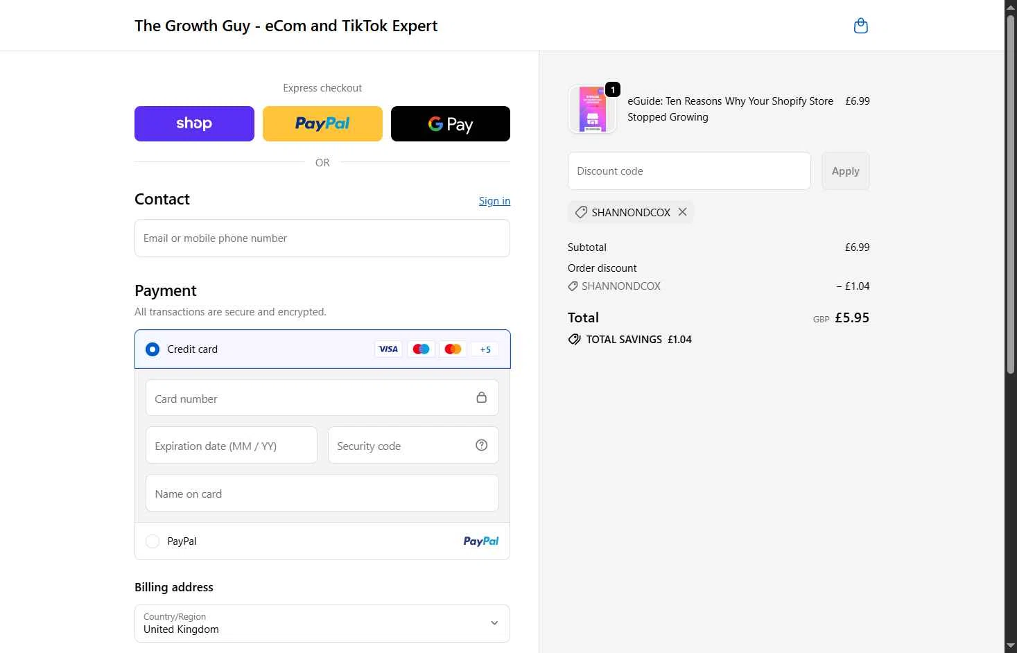 The Growth Guy checkout page showing The Growth Guy promo code box | Screenshot taken by SimplyCodes community member on Feb 1, 2026