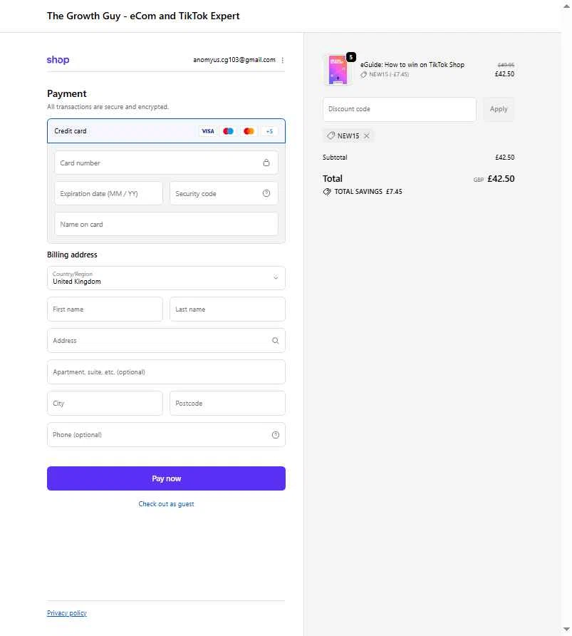 The Growth Guy checkout page showing The Growth Guy promo code box | Screenshot taken by SimplyCodes community member on Feb 5, 2026